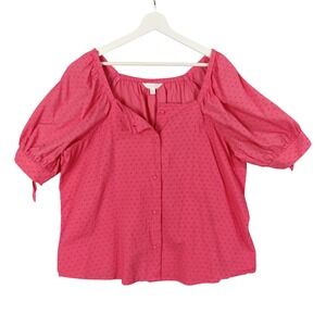 LC Lauren Conrad Prarie Swiss Dot Puff Sleeve Button Top‎ Pink Womens Size XXL